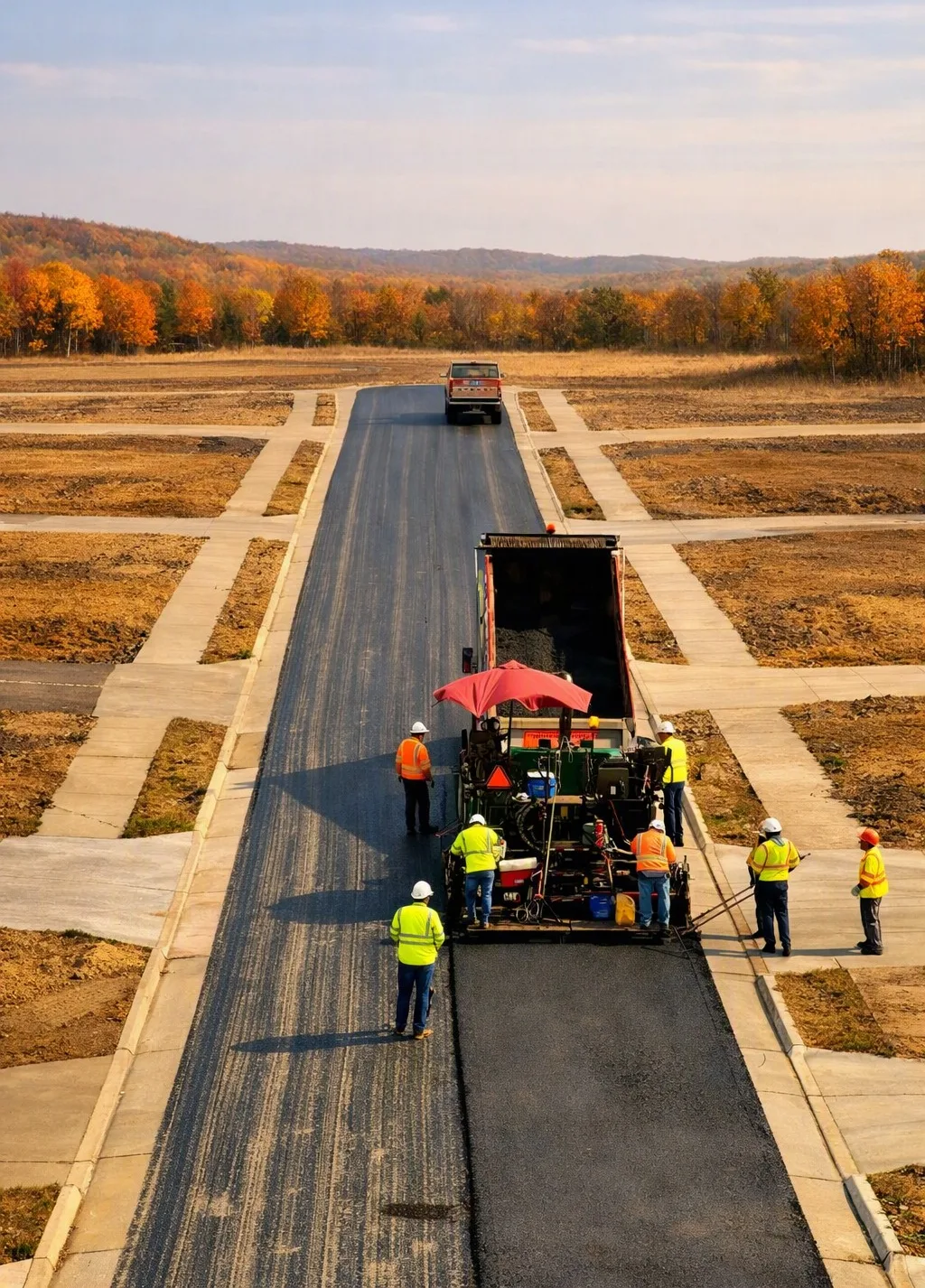 JAK crew paving a new street in a residential development, with fresh concrete curbs and sidewalks