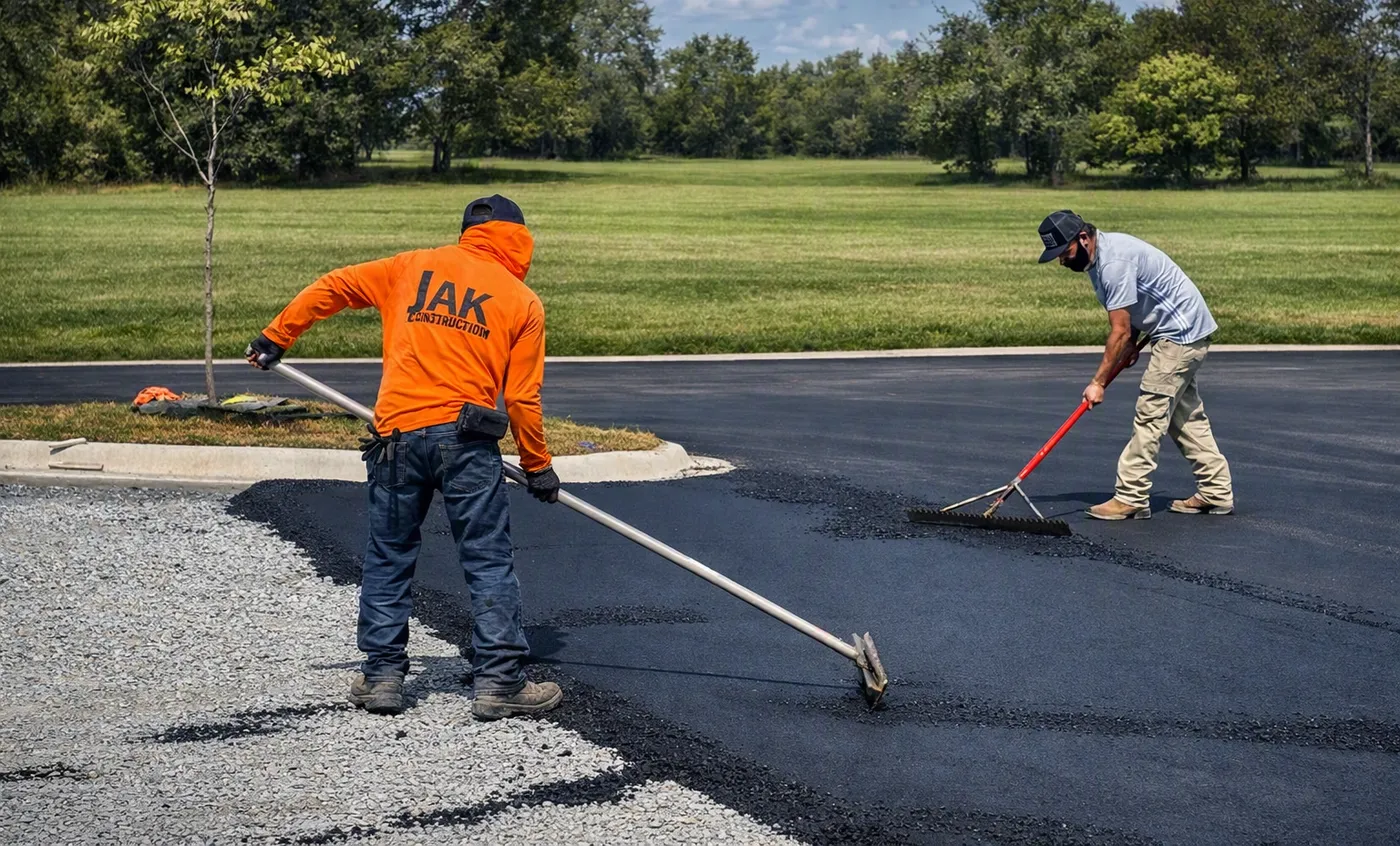 JAK crew luting fresh asphalt at a parking lot edge