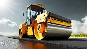 Double drum roller compacting fresh asphalt
